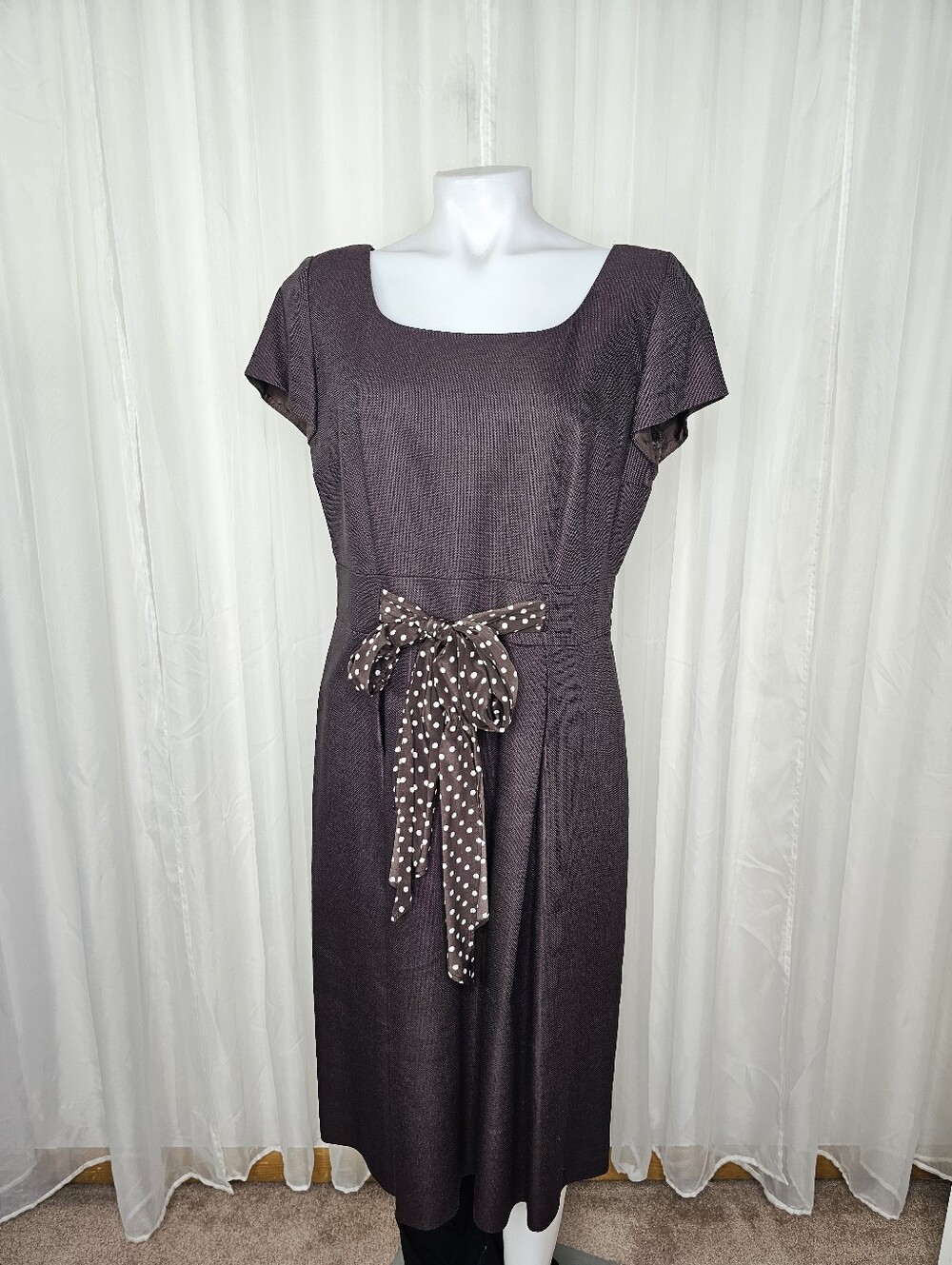 Talbots Chocolate Brown Silk Blend Sheath Midi Dress with Polka Dot Bow Sash 12 - Picture 2 of 11